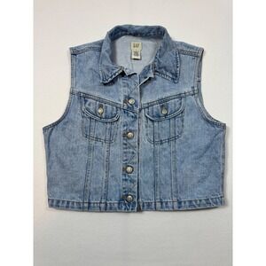90s Vintage GAP Denim Trucker Vest Womens Large Light Wash Blue Cotton Cropped